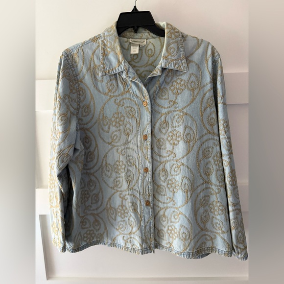 Coldwater Creek Tops - Coldwater Creek Blue and Gold Embroidered Shirt